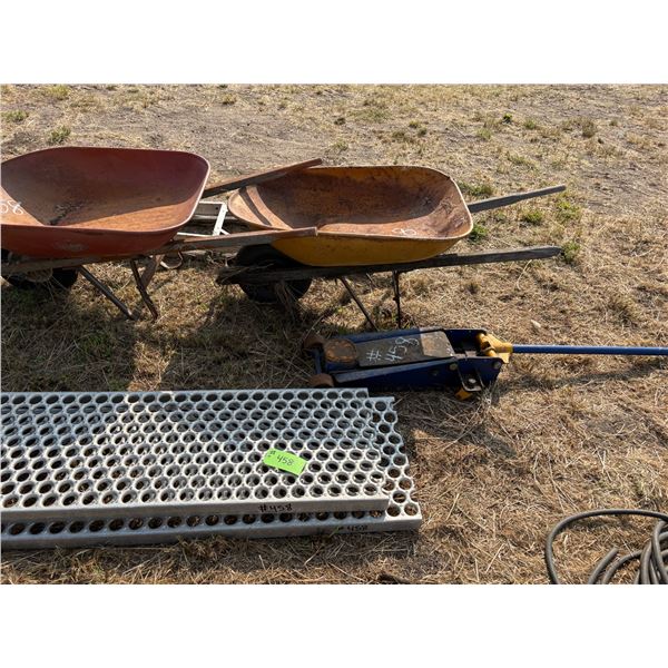 Crating, floor jack, 2wheel barrows and step ladder