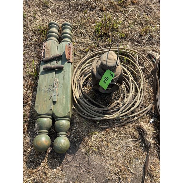 Antique R.R. LANTERN with no glass, lariat, two bed posts and two leather reins