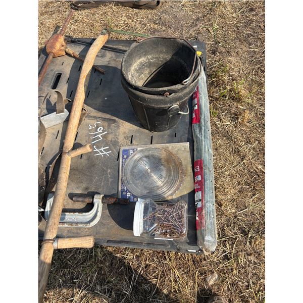 Calf puller, sythe, 3- pails, saw blade, screws etc.