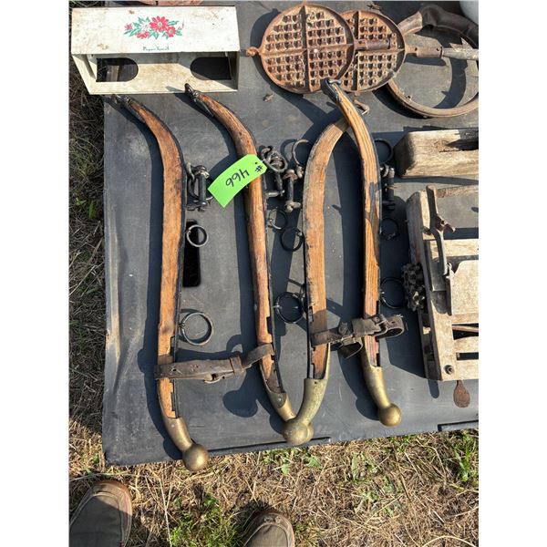 Set of hames, wringer, planer, pulley, bells, old towel dispenser, bowls and cow bell, yard light, p