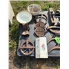 Image 3 : Set of hames, wringer, planer, pulley, bells, old towel dispenser, bowls and cow bell, yard light, p