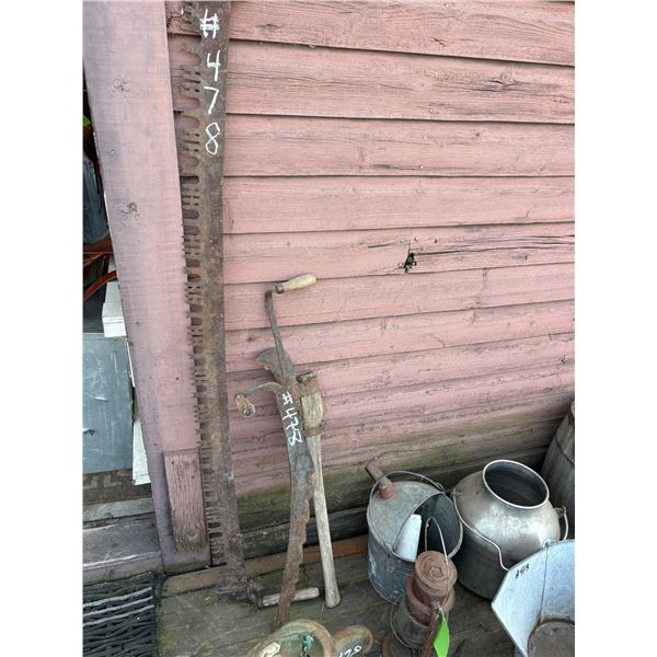 Qty of Antiques - Anvil, Coal Pail, Cream Can, Milk Pail, Lantern, You to Me Saw, Brush Axe, Hay Kni