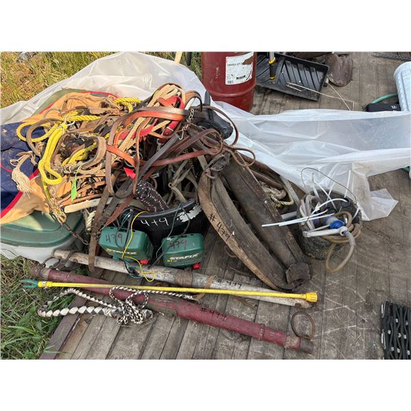 Qty of Horse Related Items - Halters, Hames, Neck Yoke, Horse Blankets, Fencers, Rope, etc.
