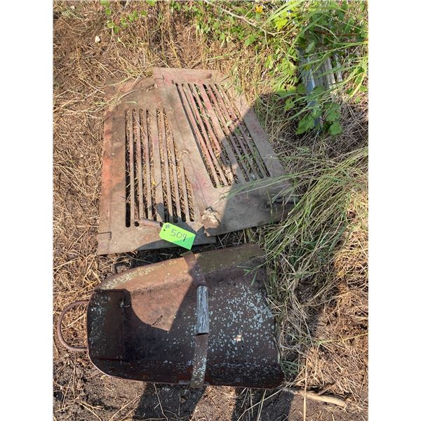 Two old Vehicle Side Covers & Grain Scoop