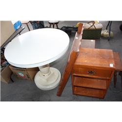 1 White Table, 2 Wooden Tables & a Wood Shelf