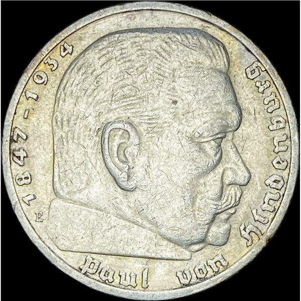 1936-E Germany Silver 5 Reichsmark CLOSELY UNCIRCULATED