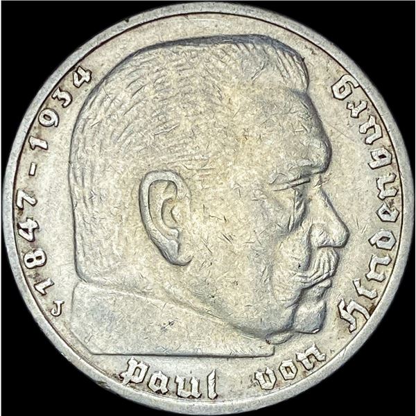 1937-J Germany Silver 5 Reichsmark CLOSELY UNCIRCULATED