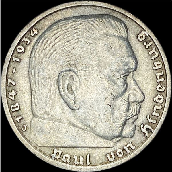 1937-J Germany Silver 5 Reichsmark CLOSELY UNCIRCULATED