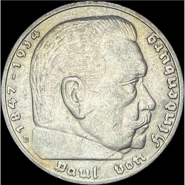 1936-D Germany Silver 5 Reichsmark CLOSELY UNCIRCULATED