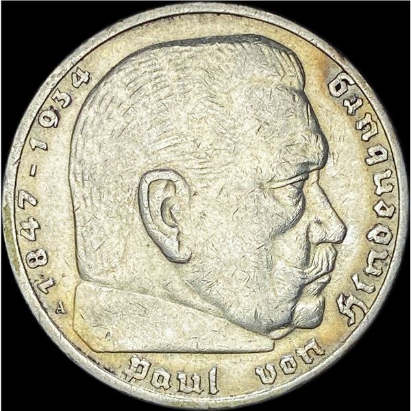 1936-A Germany Silver 5 Reichsmark CLOSELY UNCIRCULATED