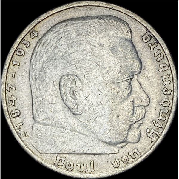 1936-A Germany Silver 5 Reichsmark CLOSELY UNCIRCULATED