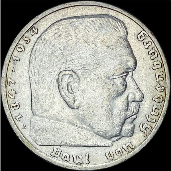 1936-A Germany Silver 5 Reichsmark CLOSELY UNCIRCULATED