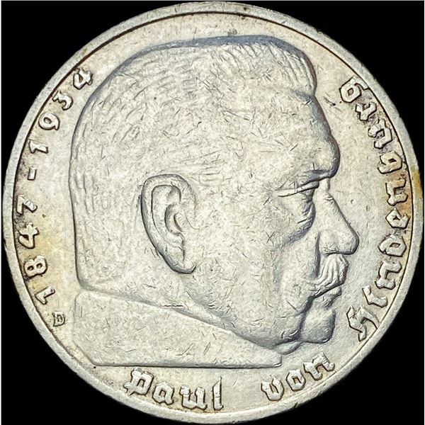 1936-D Germany Silver 5 Reichsmark CLOSELY UNCIRCULATED