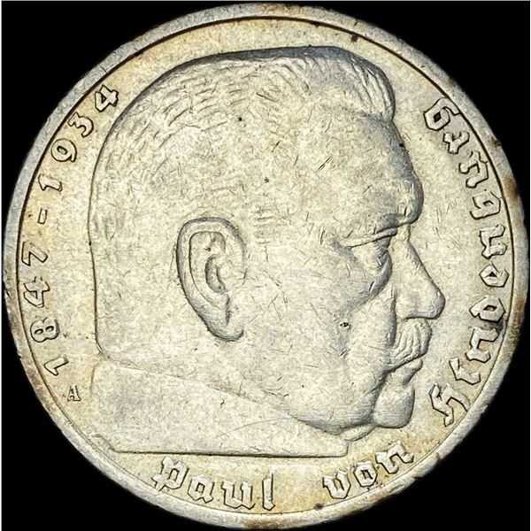 1936-A Germany Silver 5 Reichsmark CLOSELY UNCIRCULATED