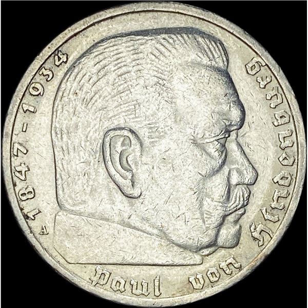 1938-A Germany Silver 5 Reichsmark CLOSELY UNCIRCULATED