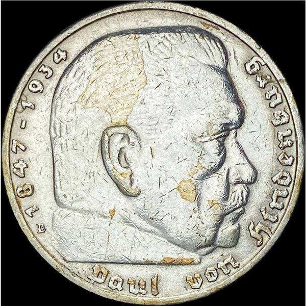 1936-D Germany Silver 5 Reichsmark CLOSELY UNCIRCULATED