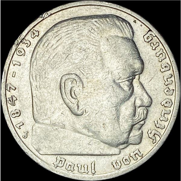 1936-J Germany Silver 5 Reichsmark CLOSELY UNCIRCULATED