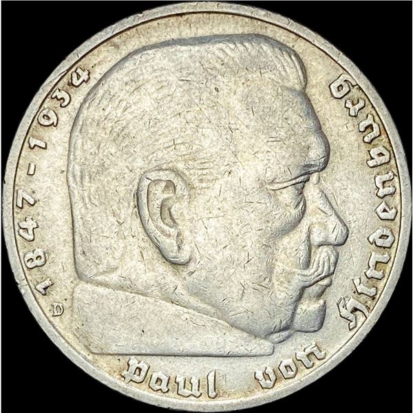 1936-D Germany Silver 5 Reichsmark CLOSELY UNCIRCULATED
