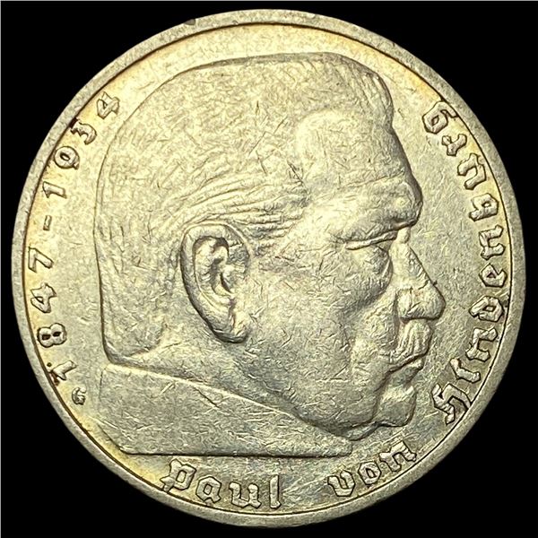 1937-G Germany Silver 5 Reichsmark CLOSELY UNCIRCULATED