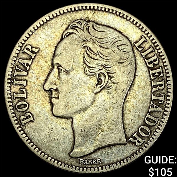 1935 Venezuela Silver 5 Bolivares NEARLY UNCIRCULATED