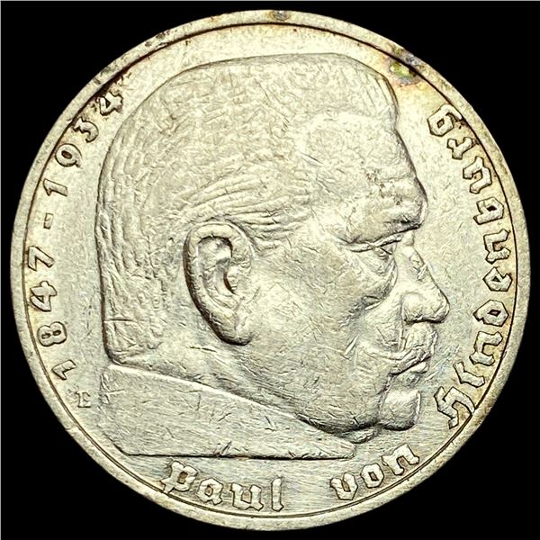 1936-E Germany Silver 5 Reichsmark CLOSELY UNCIRCULATED
