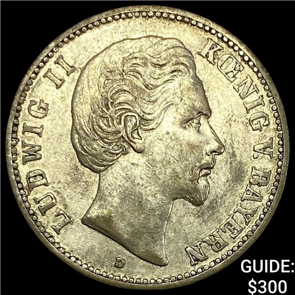 1876 German-Bavaria Silver 2 Mark CHOICE AU