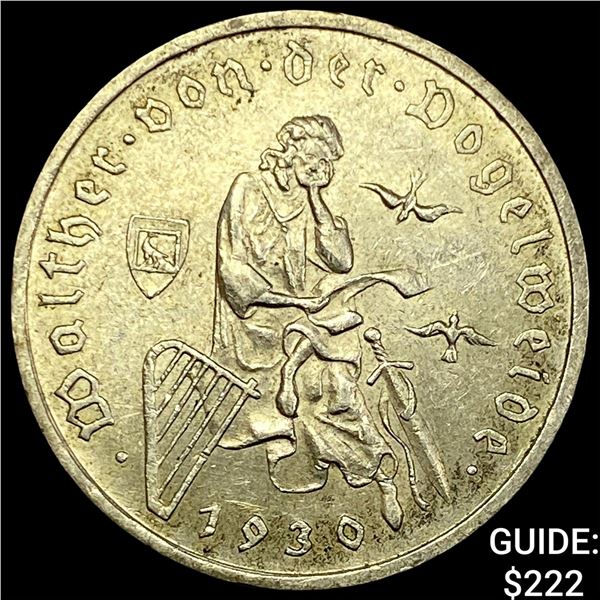 1930-A Germany Silver 3 Reichsmark CHOICE AU