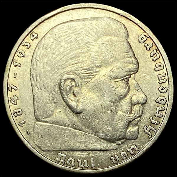 1936-A Germany Silver 5 Reichsmark CLOSELY UNCIRCULATED