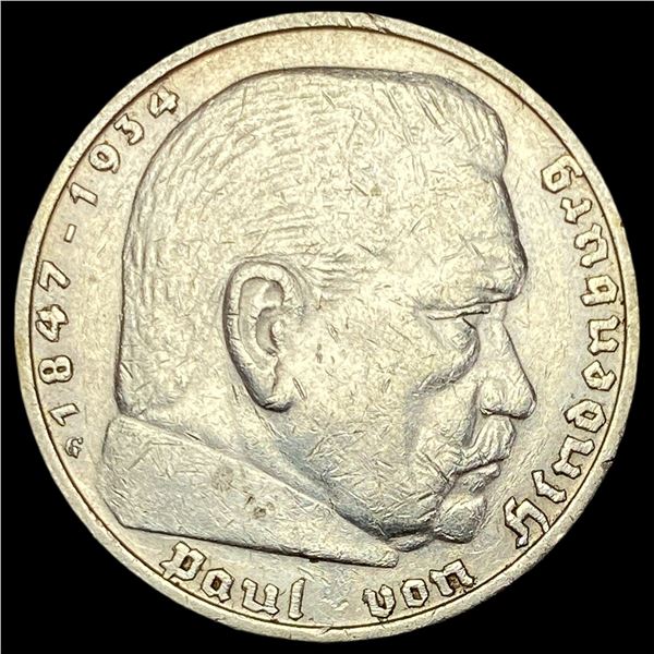 1936-G Germany SIlver 5 Reichsmark CLOSELY UNCIRCULATED