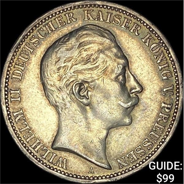 1910-A Prussia Silver 3 Reichsmark CLOSELY UNCIRCULATED