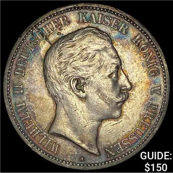 1902A Prussia Silver 5 Reichsmark NEARLY UNCIRCULATED