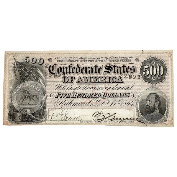 1864 $500 Confed. States of America Note-Richmond
