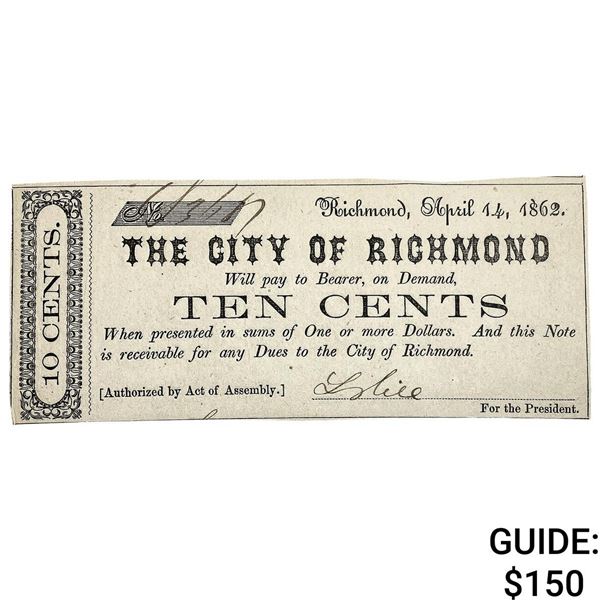1862 10C City of Richmond Fractional Note