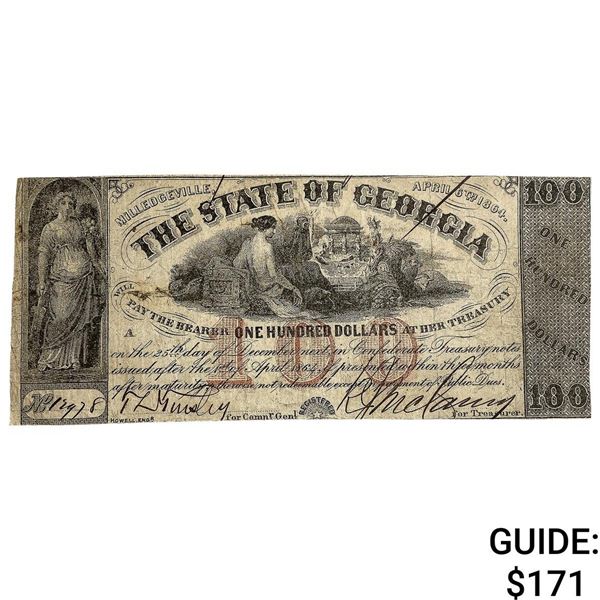 1864 $100 State of Georgia Note-Milledgeville