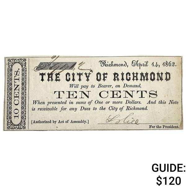 1862 10C City of Richmond Fractional Note