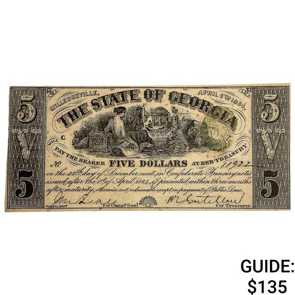 1864 $5 State of Georgia Note-Milledgeville