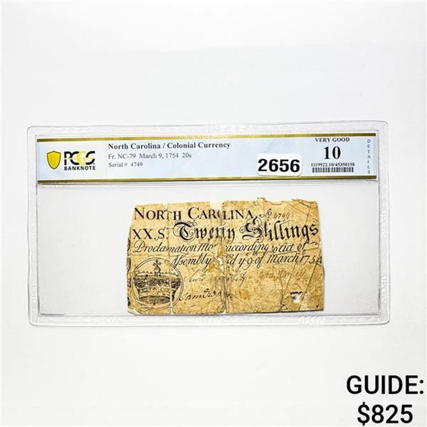 1754 20S NC Colonial Currency PCGS 10 VG