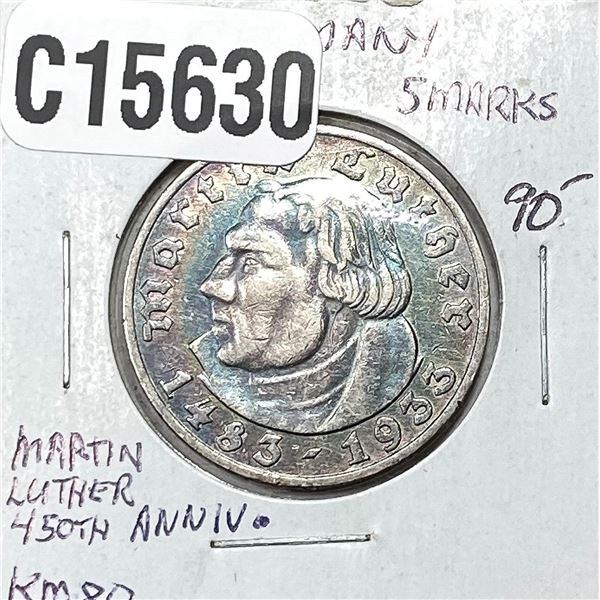 1933-A Silver Germany 5 Marks AU