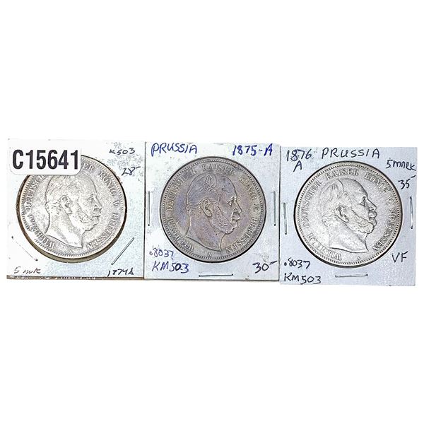 [3 Coins] 1874-1876 Silver Prussia 5 Mark XF