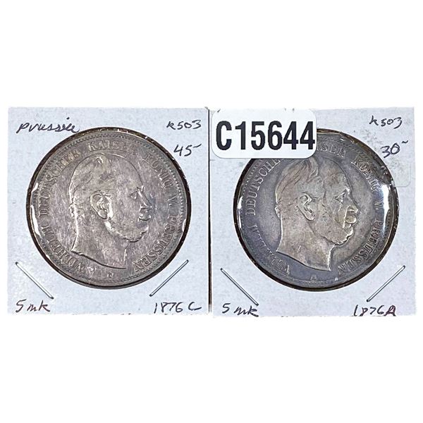 [2 Coins] 1876 Silver Prussia 5 Mark AU