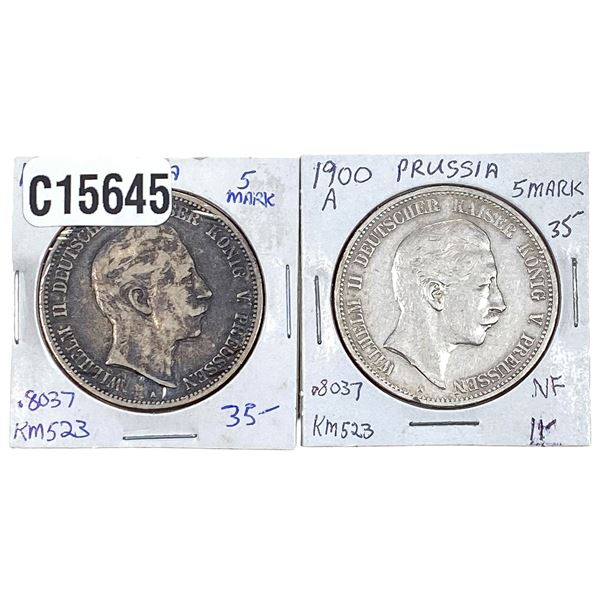 [2 Coins] 1894-1900 Silver Prussia 5 Mark VF
