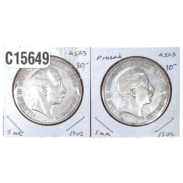 [2 Coins] 1902-1903 Silver Prussia 5 Mark XF