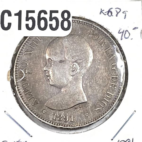 1891 Silver Spain 5pts XF