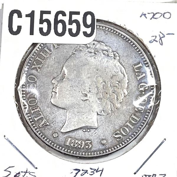 1893 Silver Spain 5pts XF