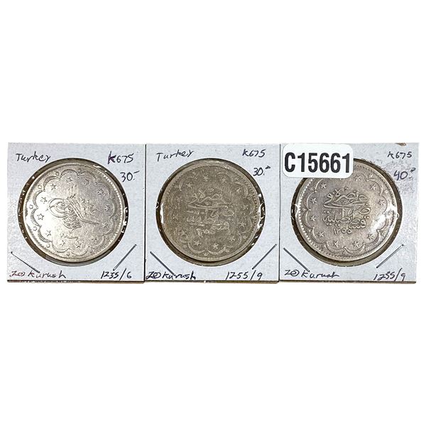 [3 Coins] 1255 Silver Turkey 20 Kurush VF