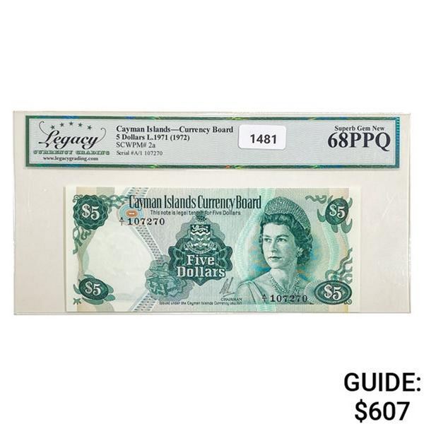 1972 Caymen Islands $5 Curr. Board Superb GEM UNC