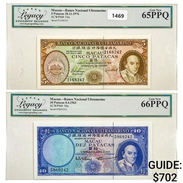 [2 pcs]1963&1976 Macau Banco Nacional Ultramarino Currency Legacy GEM UNC PPQ