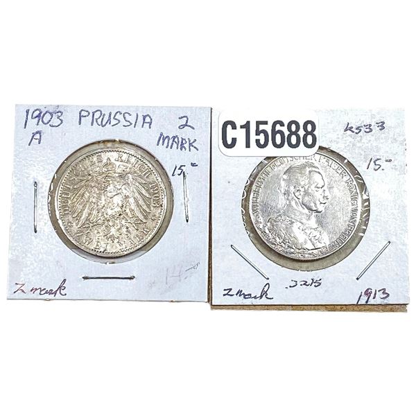 [2 Coins] 1903-1913 Silver Prussia 2 Mark VF