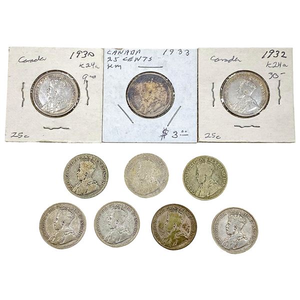 [10 Coins] 1930-1936 Silver Canada 25c Fine
