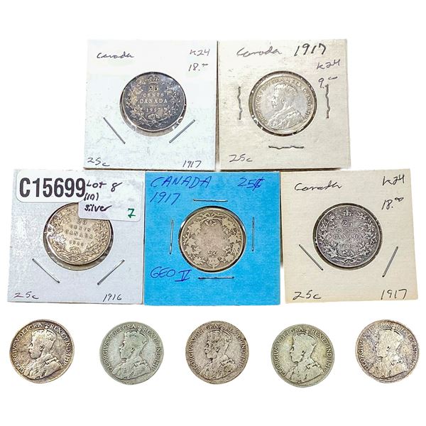 [10 Coins] 1916-1918 Silver Canada 25c HIGH GRADE